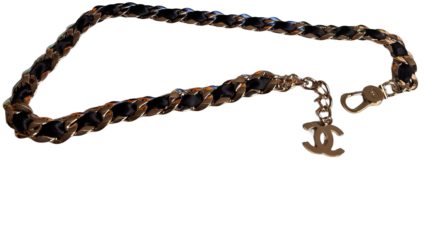 CHANEL 2008 Black Satin Braid Signature Woven Chain Link CC Logo Belt (Preloved)