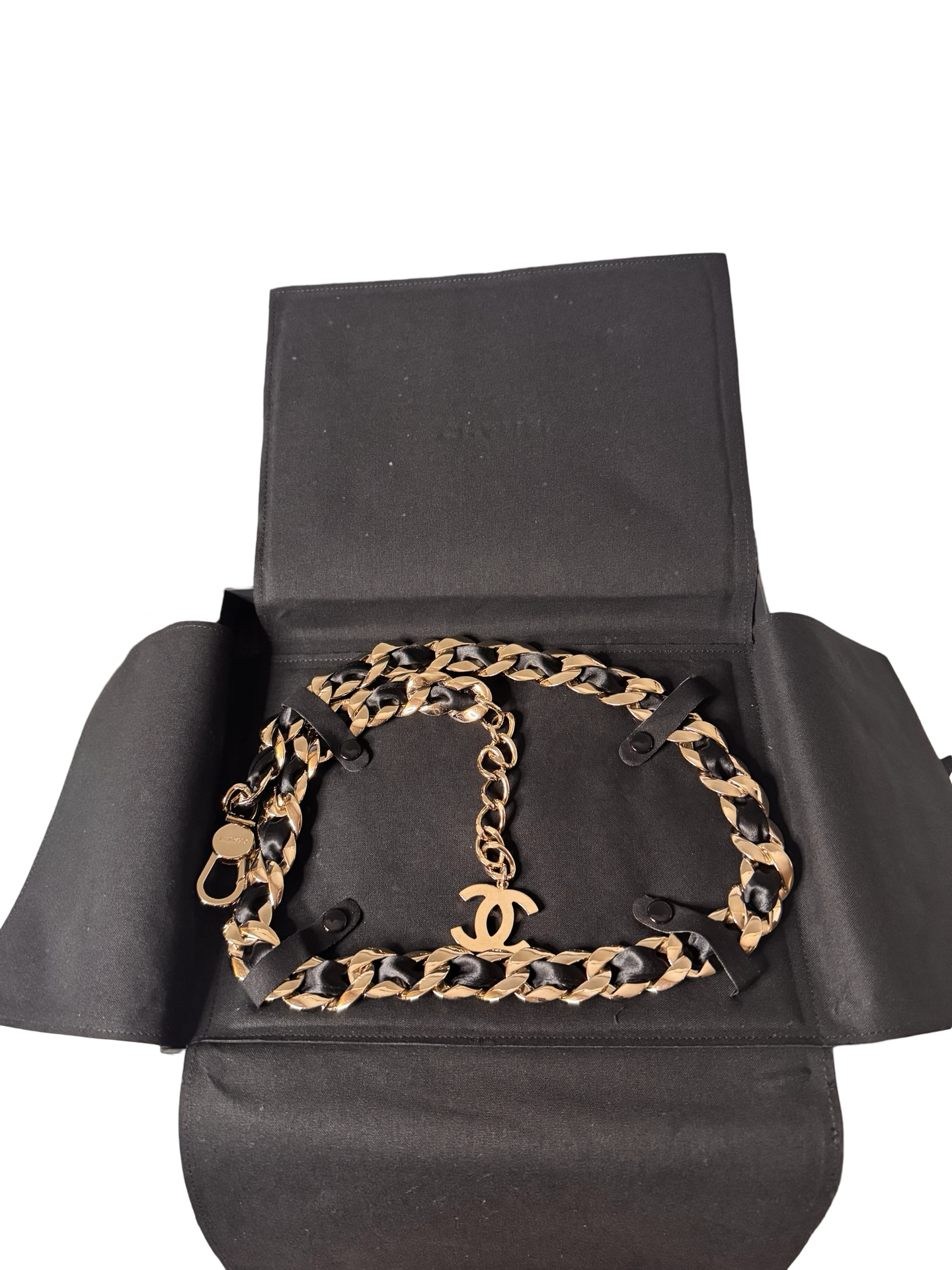 CHANEL 2008 Black Satin Braid Signature Woven Chain Link CC Logo Belt (Preloved)