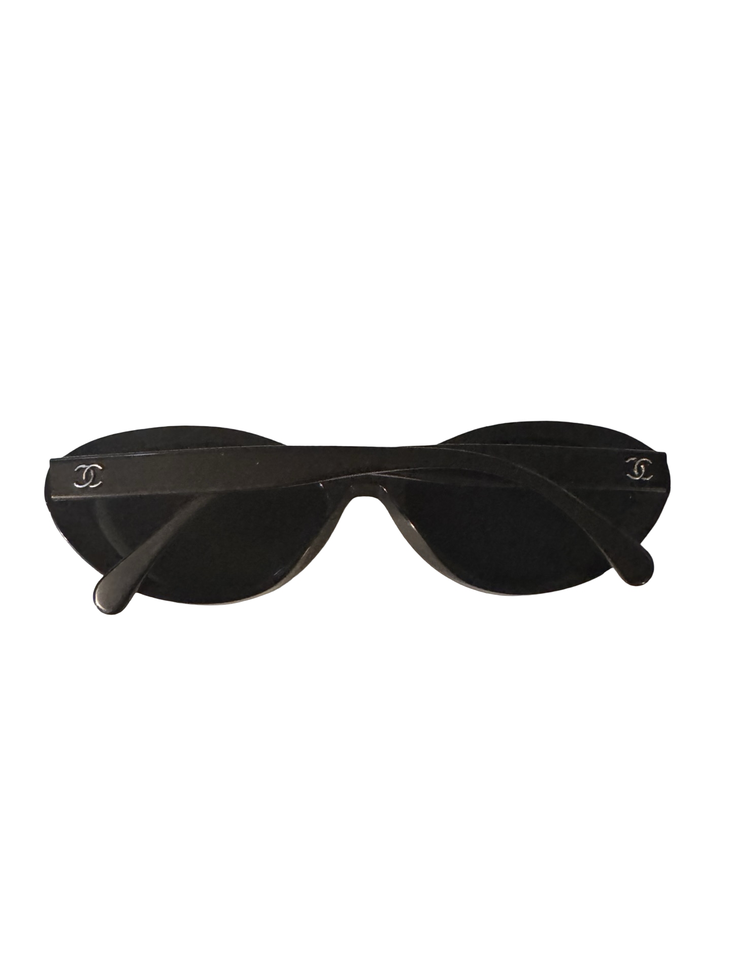 CHANEL Oval Sunglasses – Black with Pink Lettering (Pre-Loved)