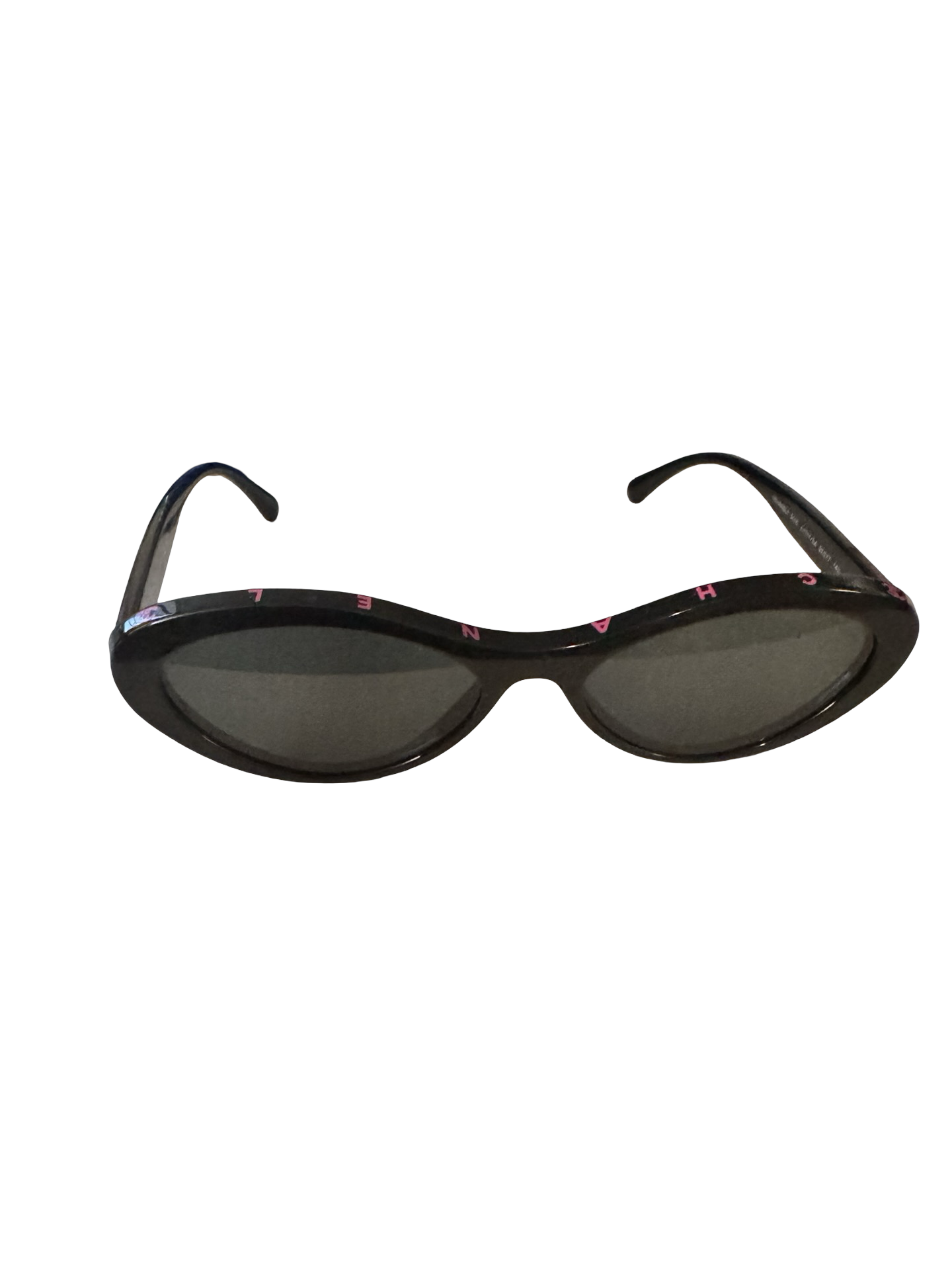 CHANEL Oval Sunglasses – Black with Pink Lettering (Pre-Loved)