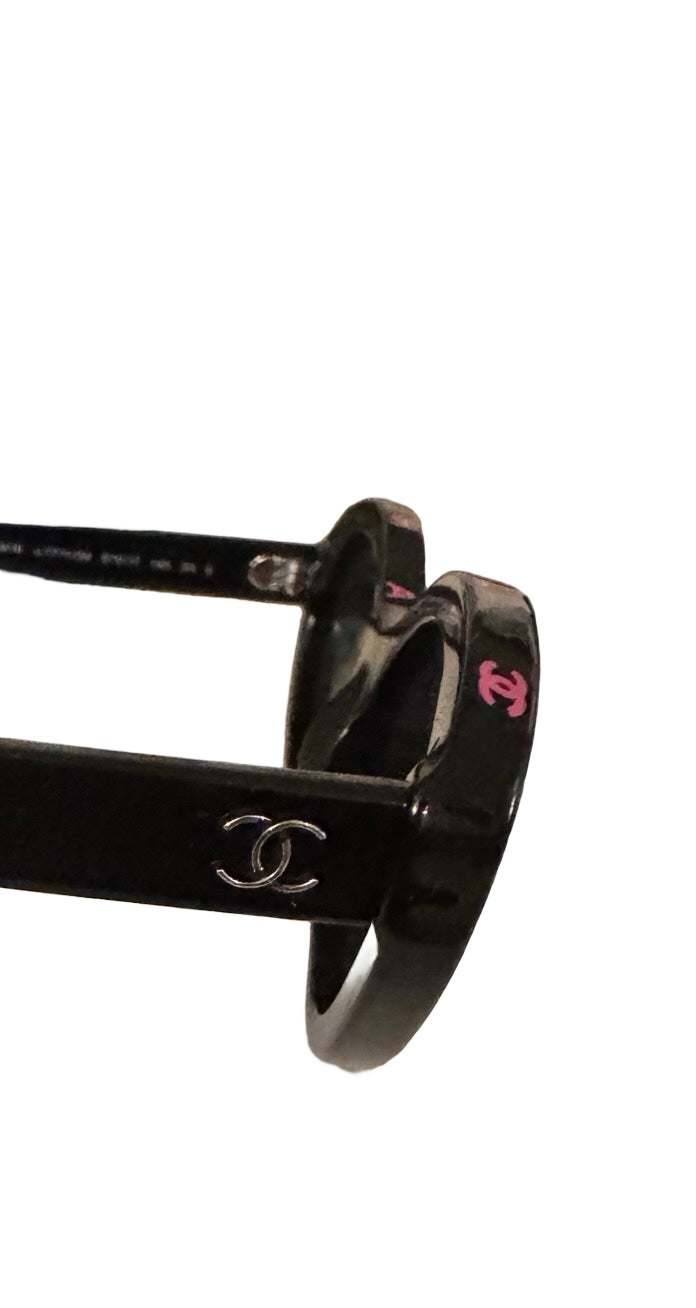 CHANEL Oval Sunglasses – Black with Pink Lettering (Pre-Loved)