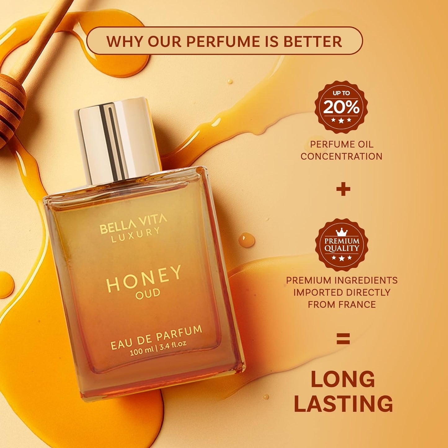 BellaVita Luxury Honey Oud Eau de Parfum (3.4 fl. oz.) | Patchouli, Vanilla, Bergamot, Floral & Spicy + Made with Clean & Vegan Essentials Oils + Cruelty Free | Long-Lasting Unisex Fragrance
