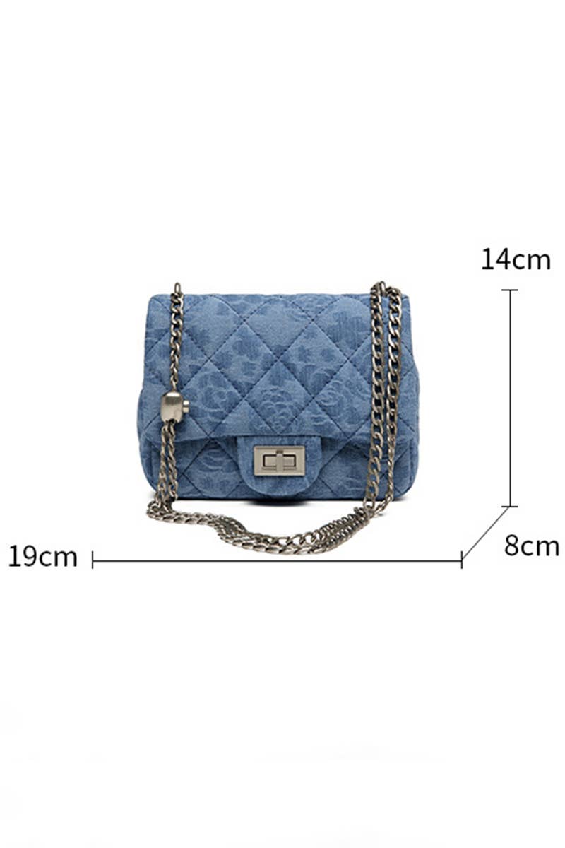 Denim Quilted Chain Shoulder Bag with Heart Charm