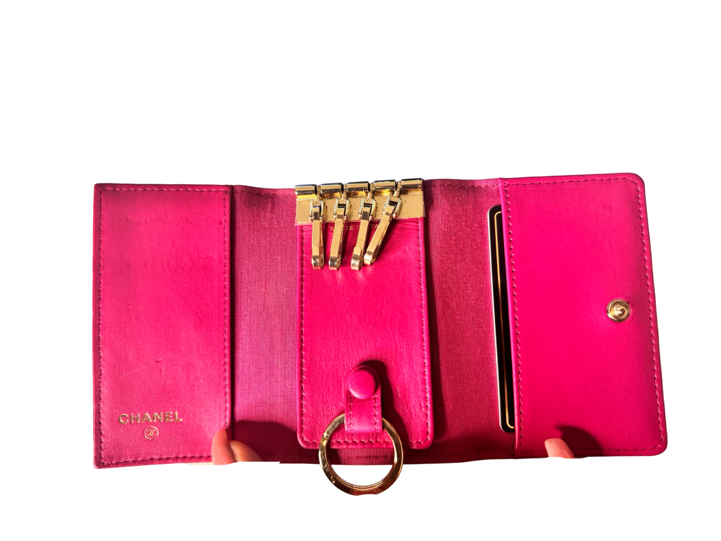 Chanel Camellia Stitch Lambskin Four Key Holder – Fuchsia with Gold Hardware
