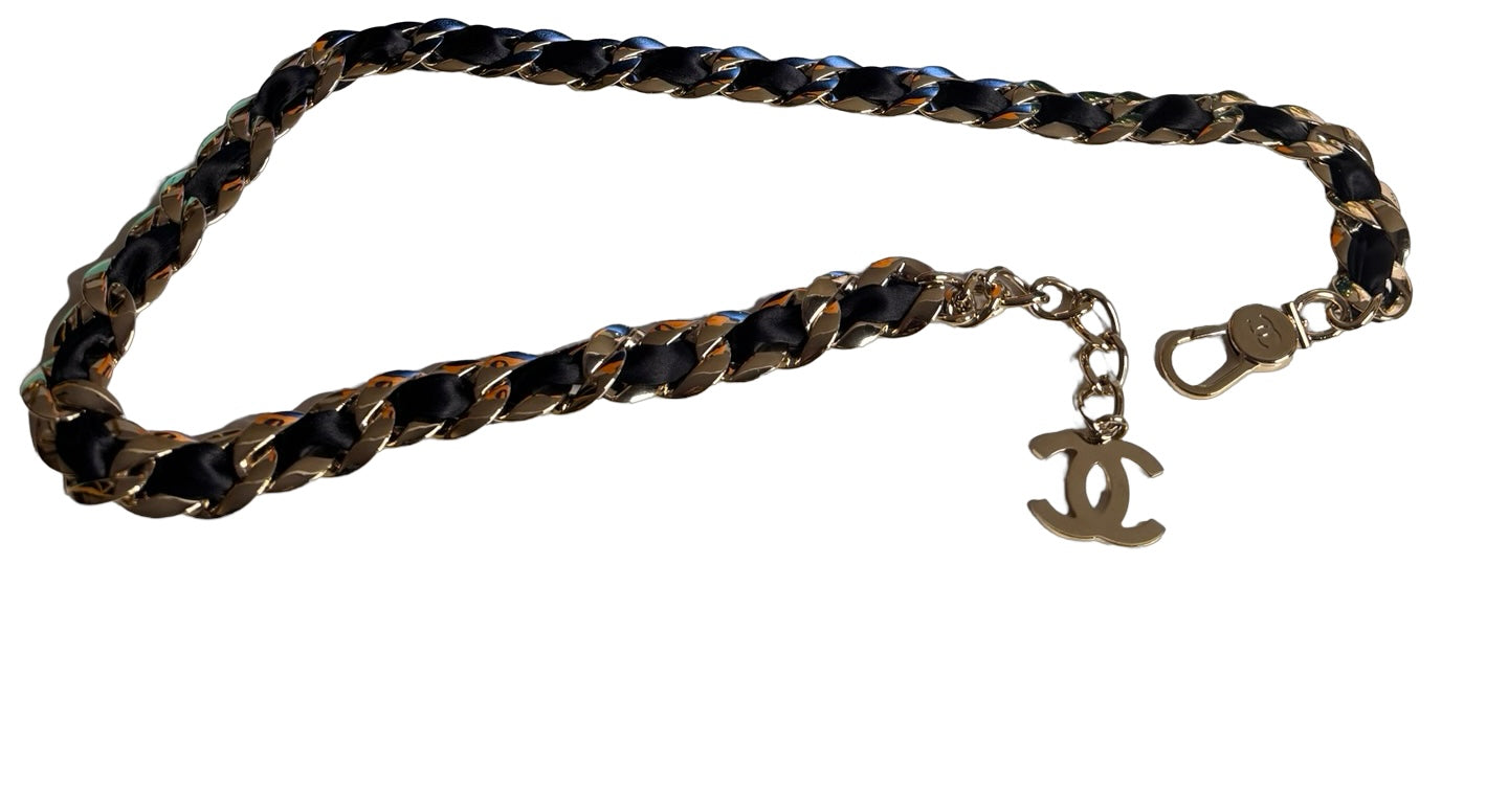 CHANEL 2008 Black Satin Braid Signature Woven Chain Link CC Logo Belt (Preloved)