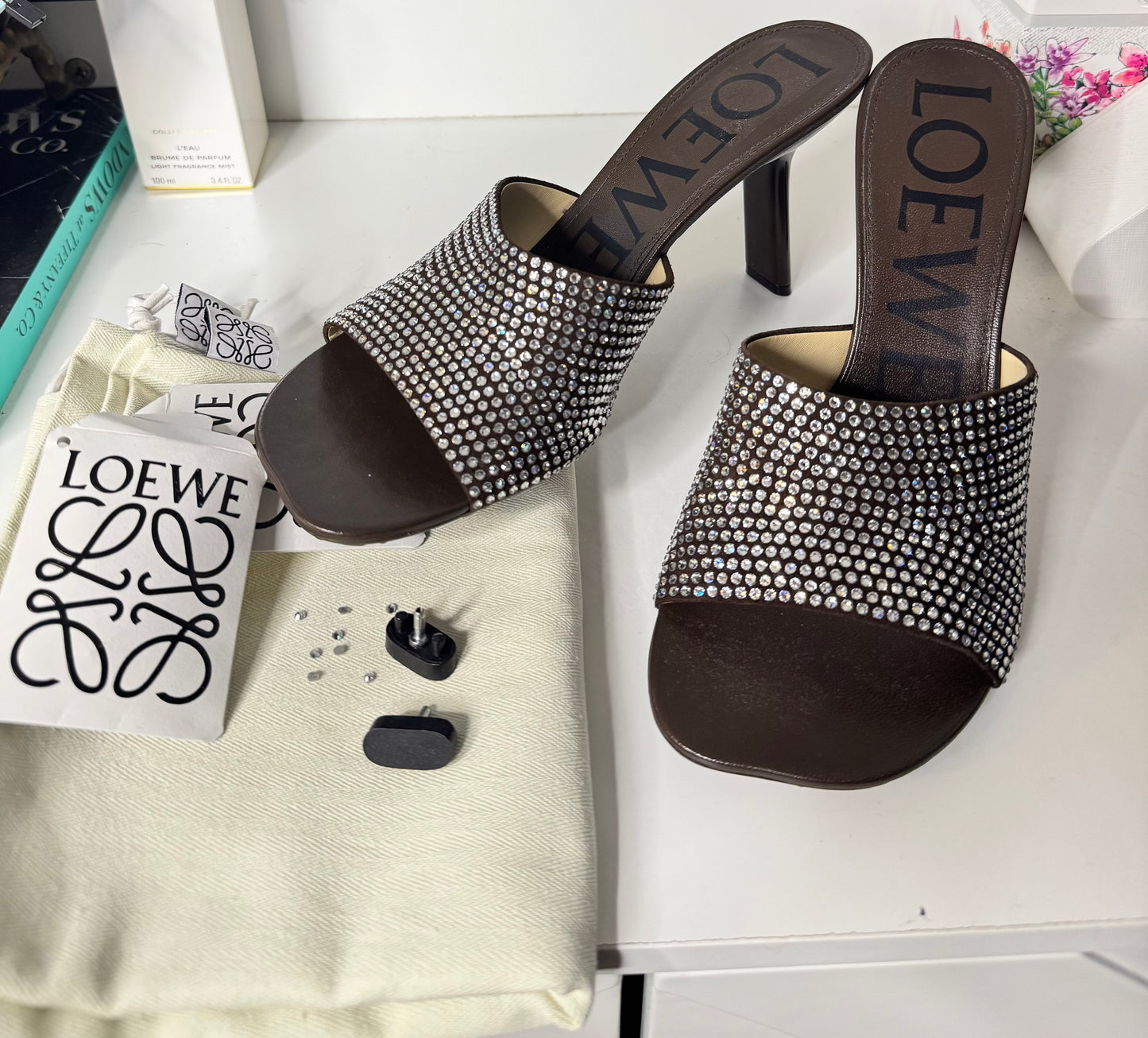 Loewe Petal Crystal Mules – Shiitake (New in Box)