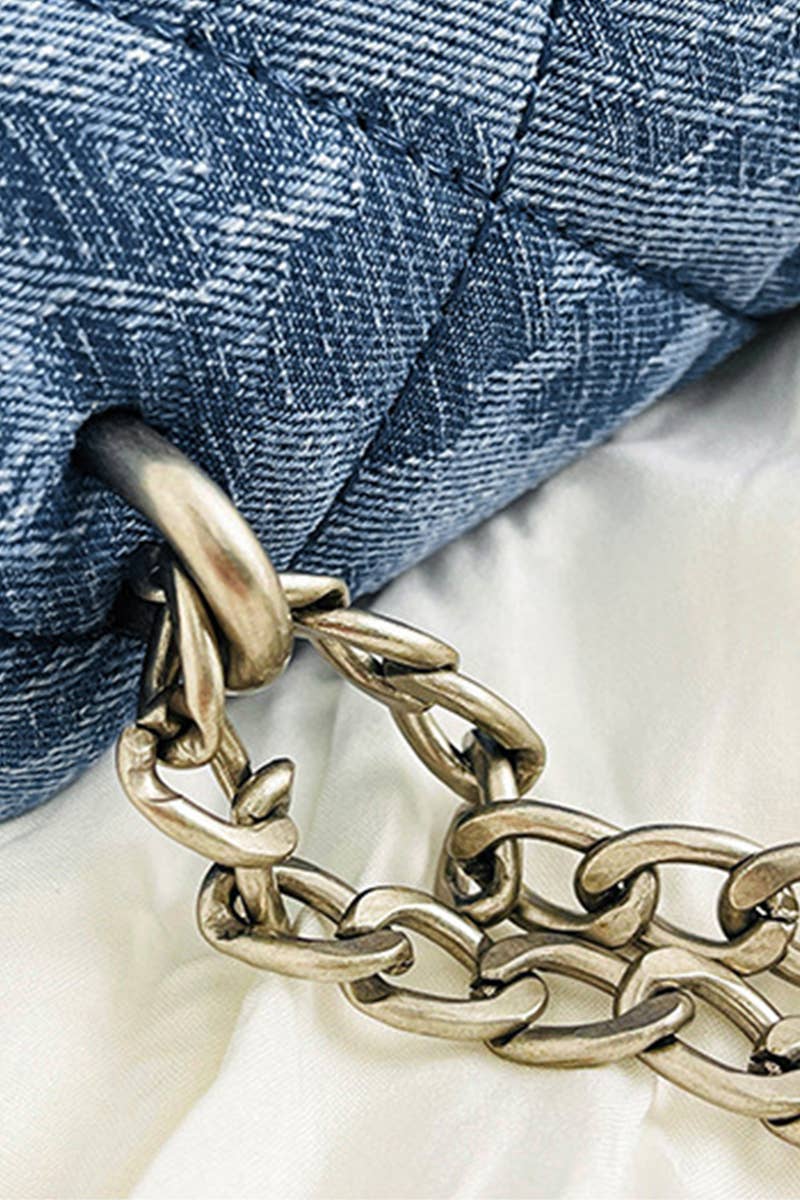 Denim Quilted Chain Shoulder Bag with Heart Charm