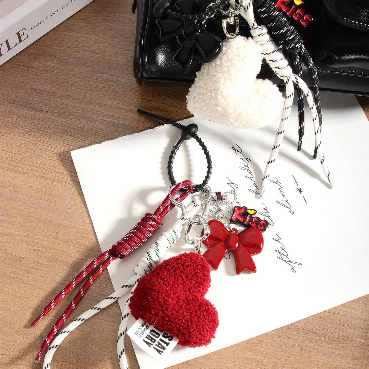 Chic Heart Bow Bag Charm with Braided Strap