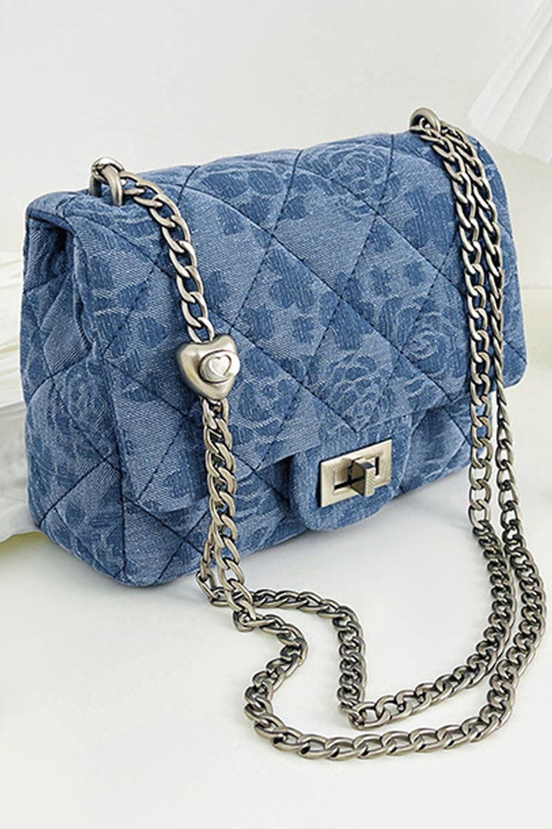 Denim Quilted Chain Shoulder Bag with Heart Charm