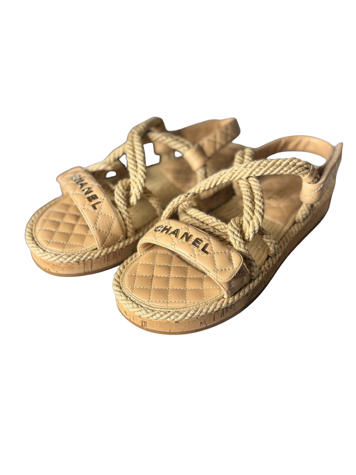 Chanel Cord Lambskin Quilted Logo Sandals in beige Sz41 (Preowned)