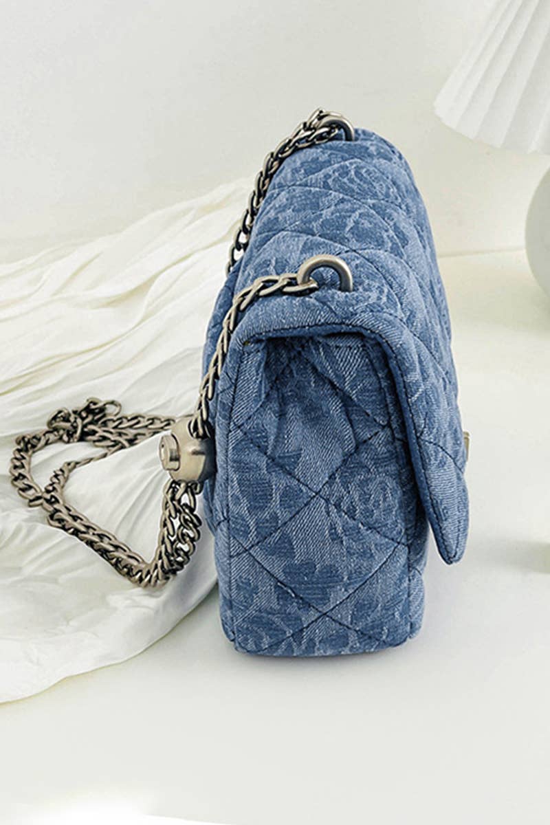 Denim Quilted Chain Shoulder Bag with Heart Charm
