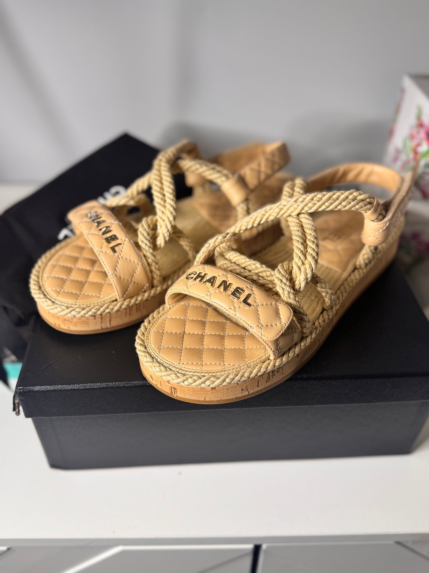 Chanel Cord Lambskin Quilted Logo Sandals in beige Sz41 (Preowned)