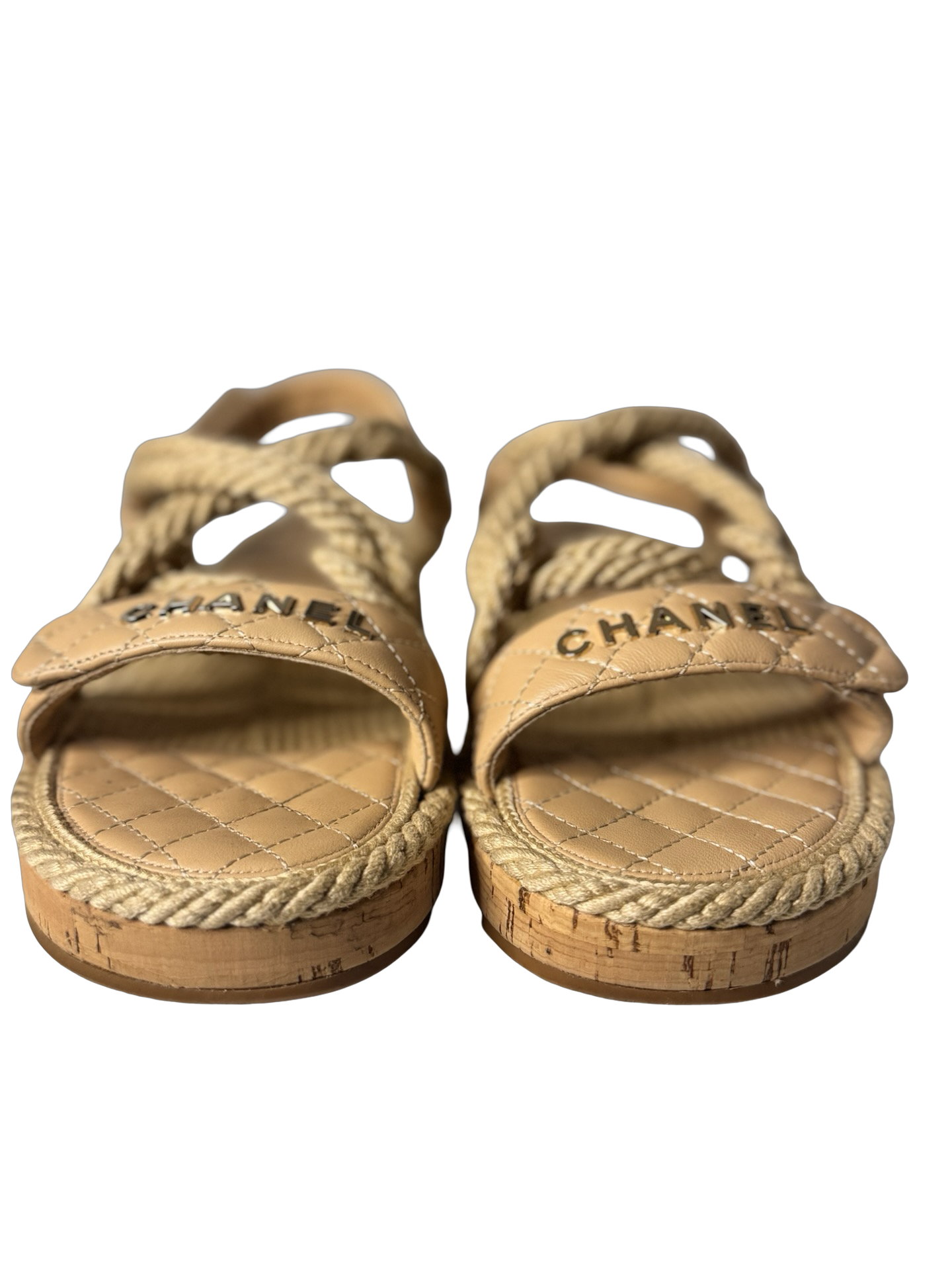 Chanel Cord Lambskin Quilted Logo Sandals in beige Sz41 (Preowned)