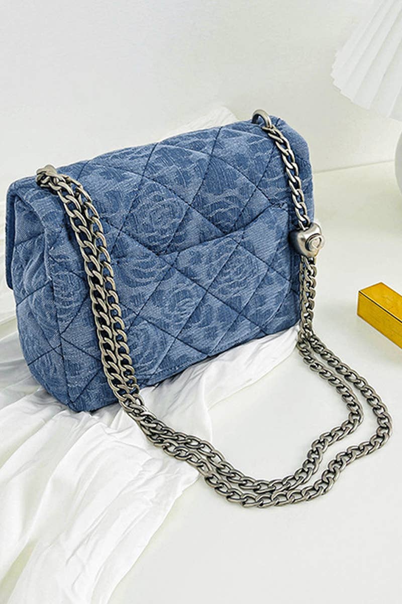 Denim Quilted Chain Shoulder Bag with Heart Charm
