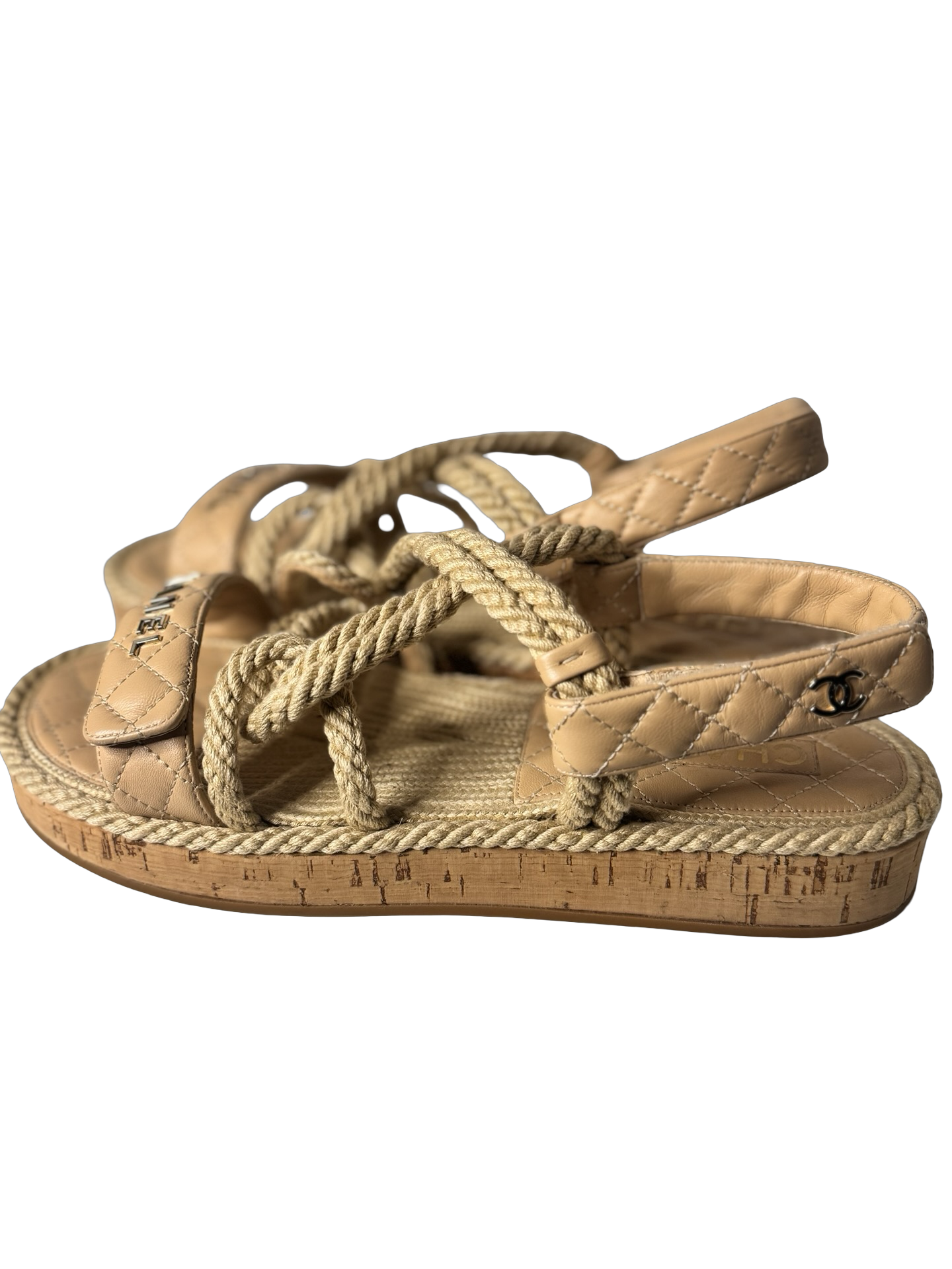 Chanel Cord Lambskin Quilted Logo Sandals in beige Sz41 (Preowned)