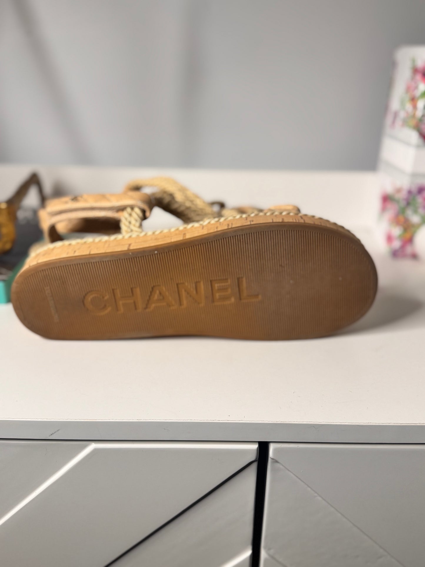 Chanel Cord Lambskin Quilted Logo Sandals in beige Sz41 (Preowned)