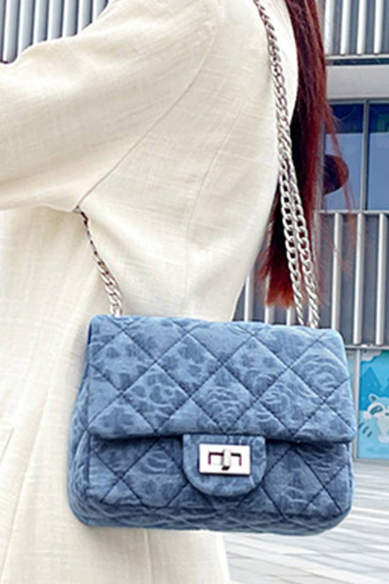 Denim Quilted Chain Shoulder Bag with Heart Charm