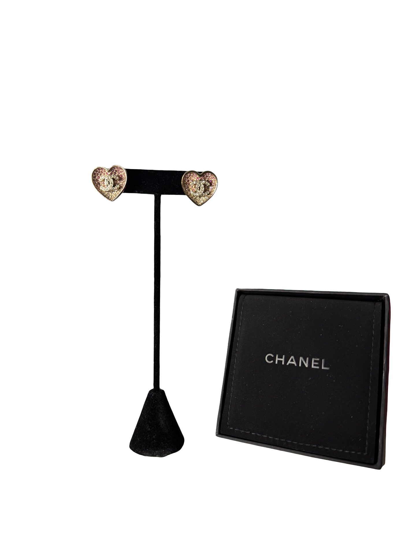 CHANEL 2023 Pink Ombré Heart CC Crystal Earrings (Preloved)
