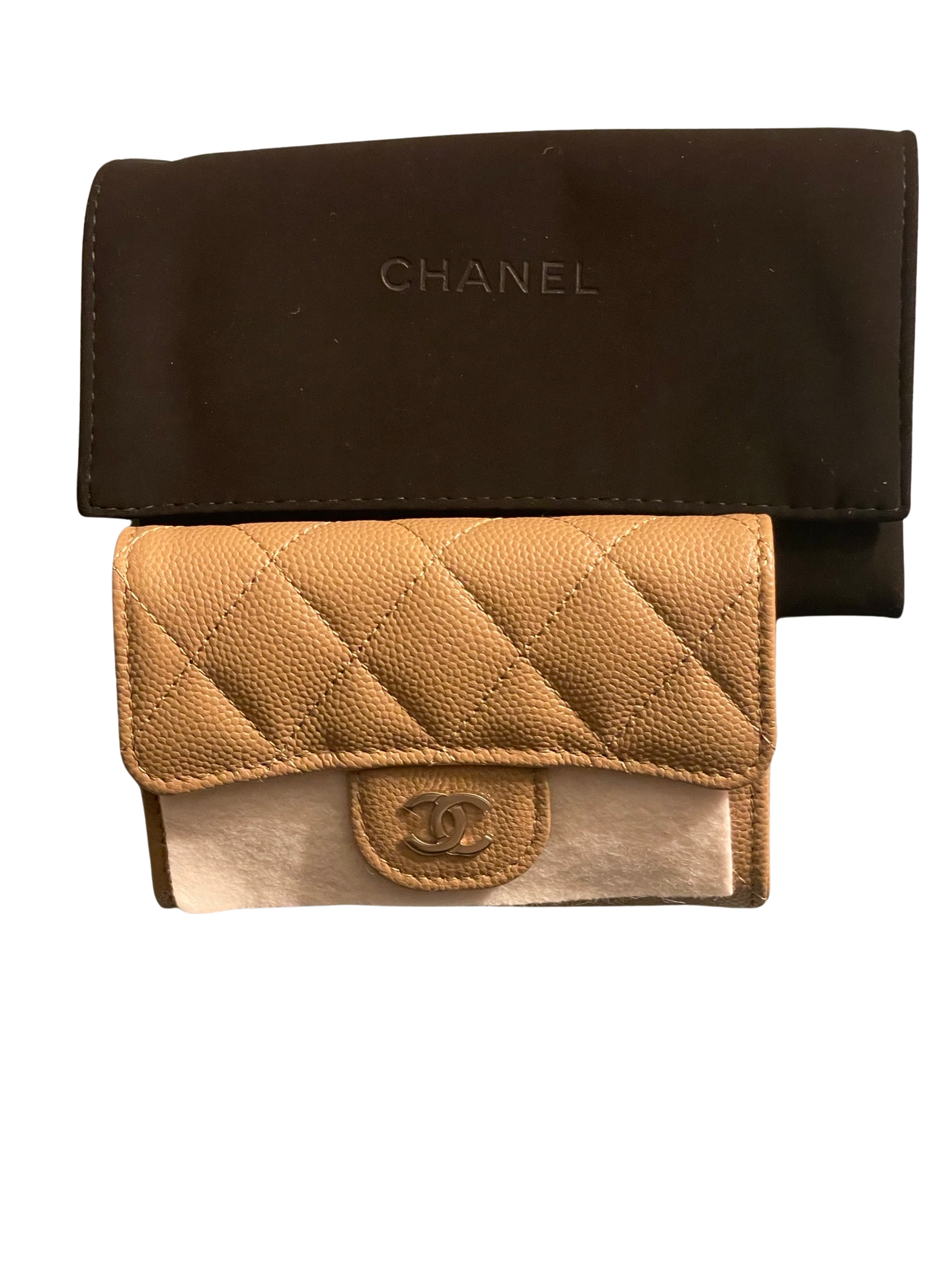 CHANEL 22A Beige/ Caramel Classic Flap Caviar Leather Card Holder NWT