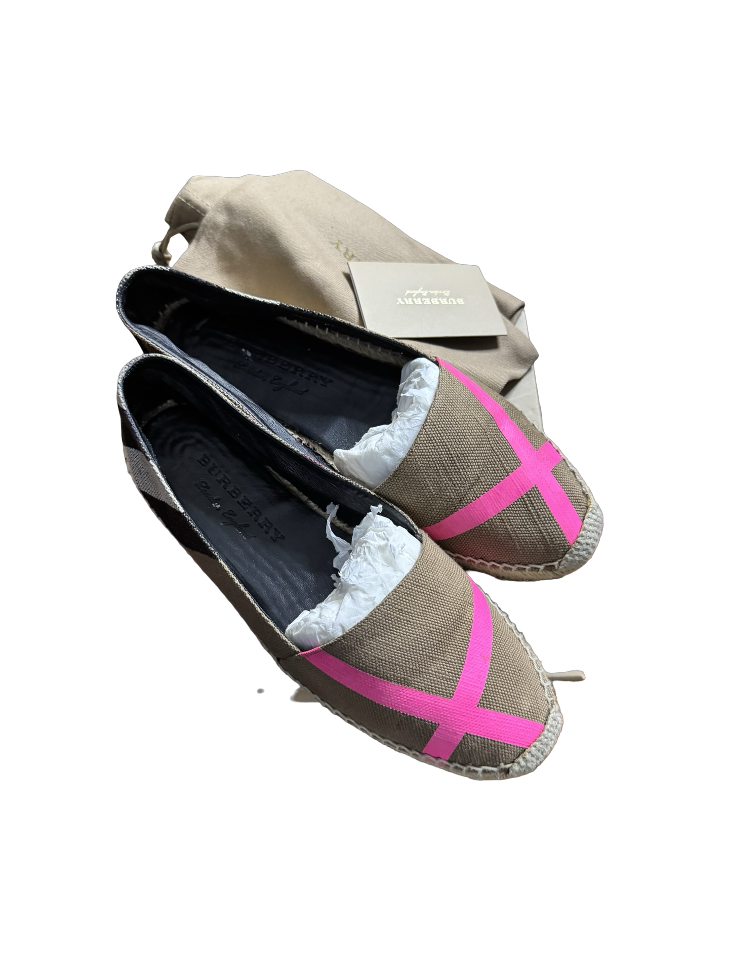 Burberry Neon Pink Tape & House Check Canvas Espadrilles Size 39 W/ Box