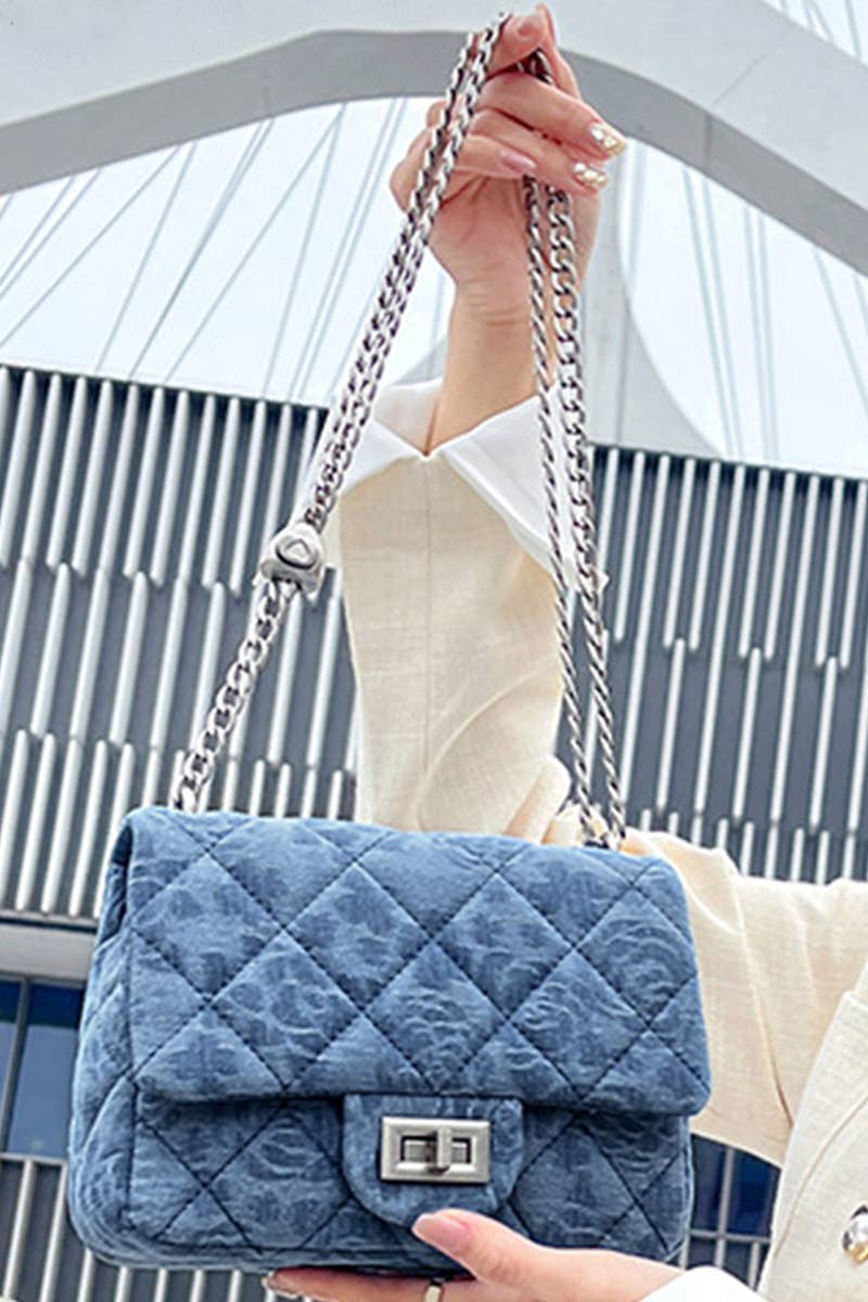 Denim Quilted Chain Shoulder Bag with Heart Charm