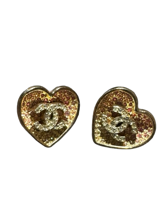 CHANEL 2023 Pink Ombré Heart CC Crystal Earrings (Preloved)