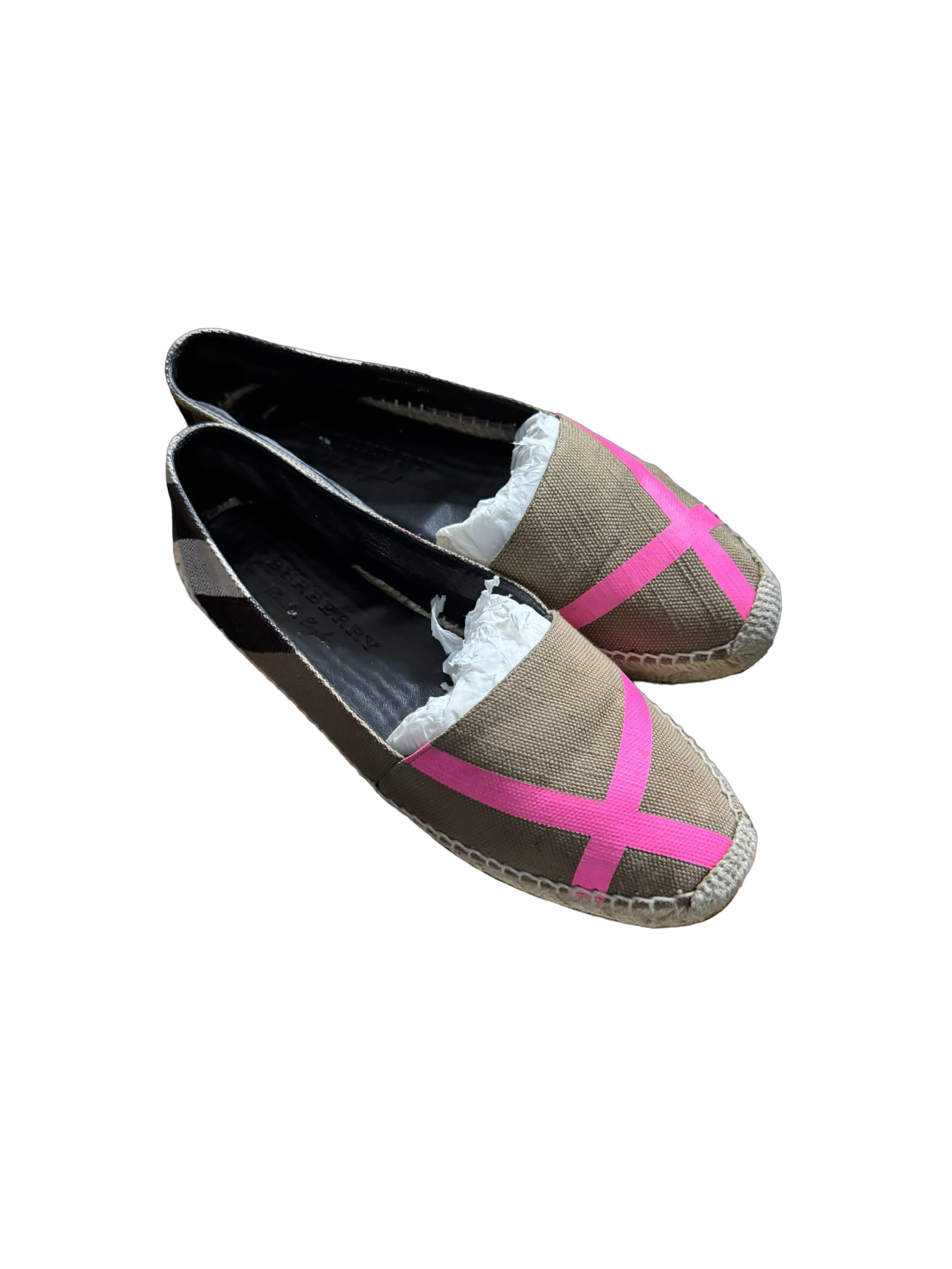 Burberry Neon Pink Tape & House Check Canvas Espadrilles Size 39 W/ Box