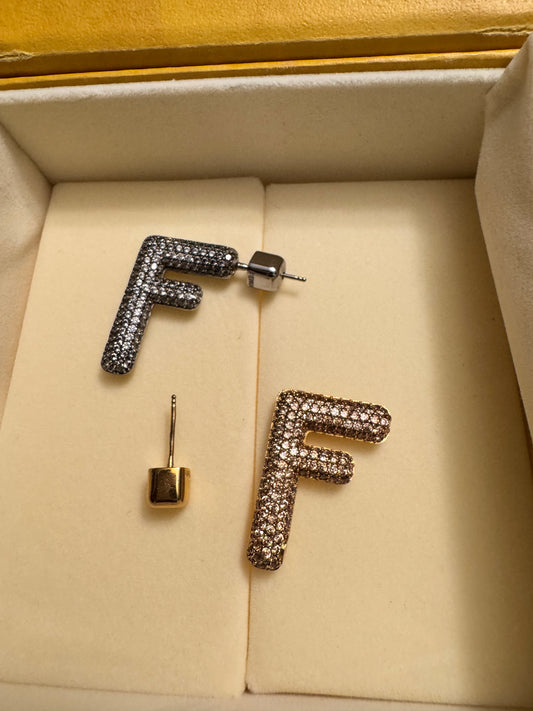 Fendi Crystal FF Logo Stud Earrings - Gold & Silver Mix