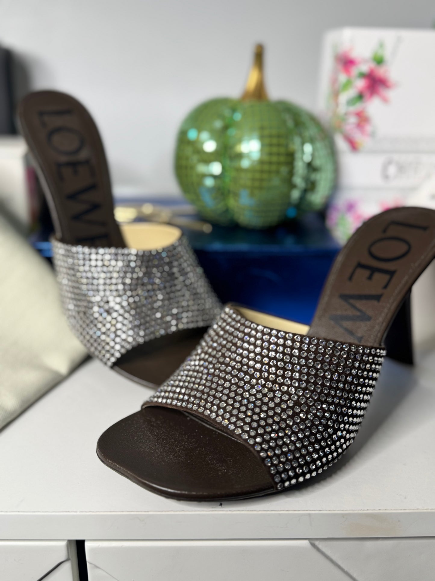 Loewe Petal Crystal Mules – Shiitake (New in Box)