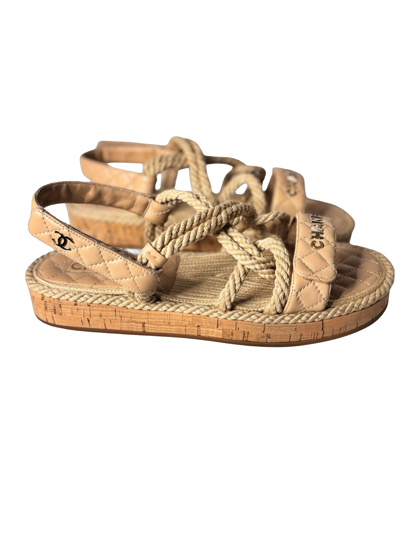 Chanel Cord Lambskin Quilted Logo Sandals in beige Sz41 (Preowned)