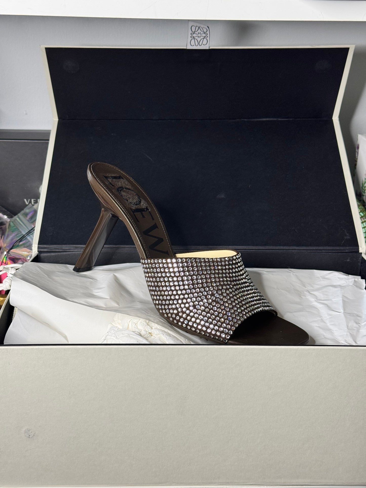 Loewe Petal Crystal Mules – Shiitake (New in Box)