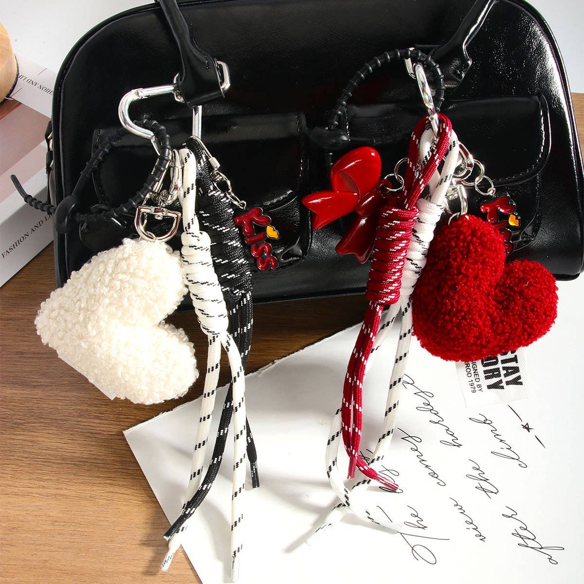 Chic Heart Bow Bag Charm with Braided Strap