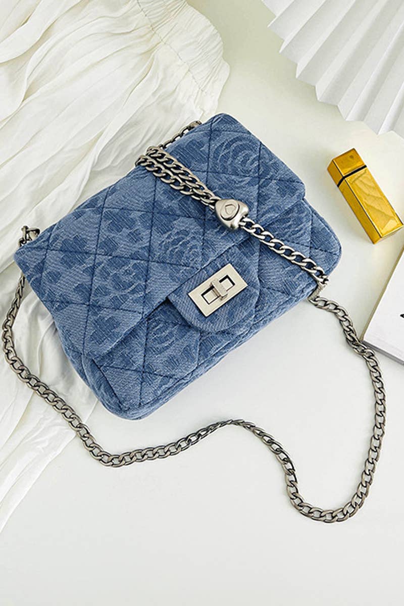 Denim Quilted Chain Shoulder Bag with Heart Charm