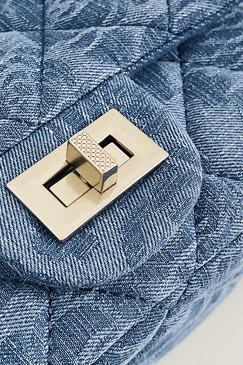 Denim Quilted Chain Shoulder Bag with Heart Charm